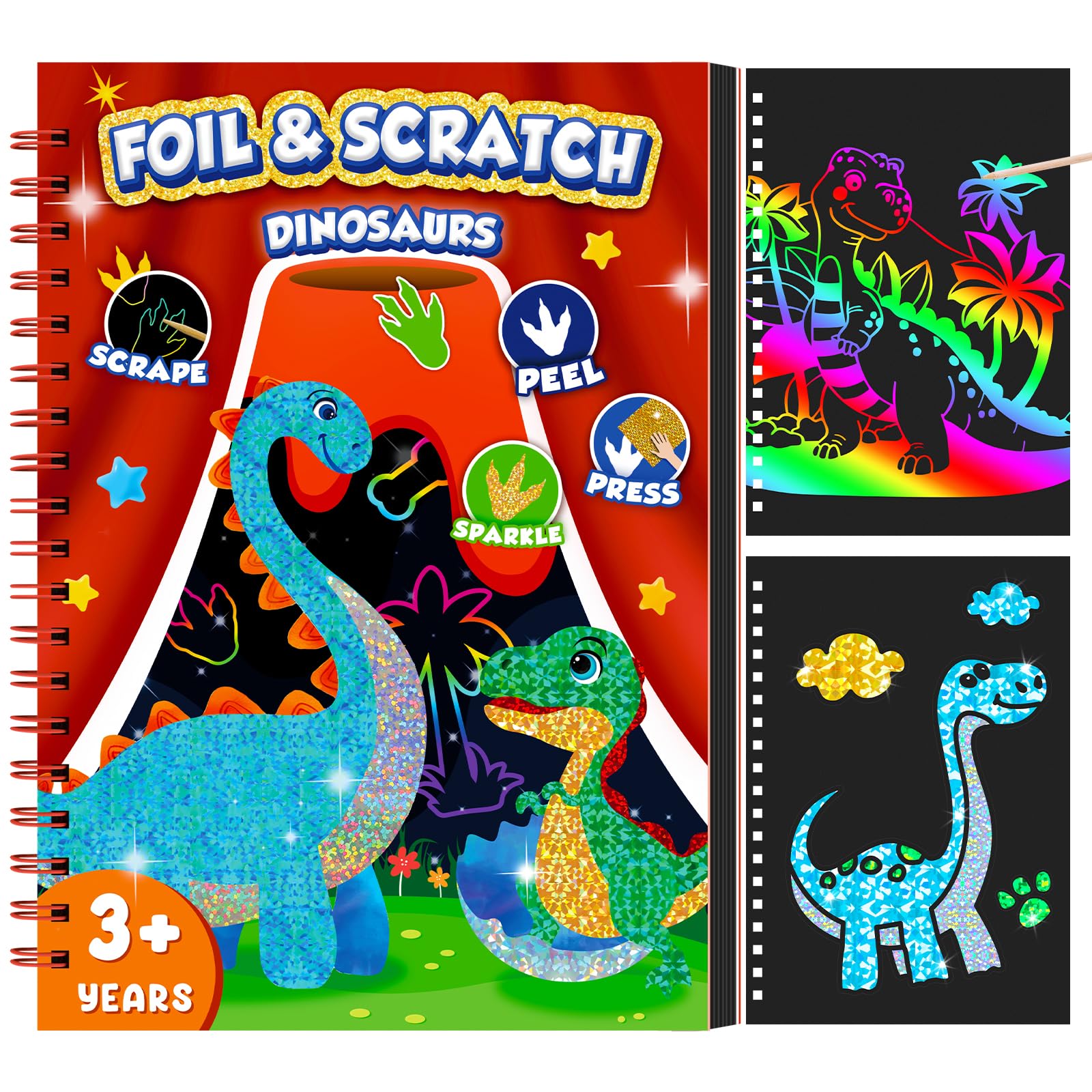 Art Craft Dinosaur - 恐竜スクラッチアートブック 子供用 ホイルとスクラッチアートペーパー お手入れ簡単 アートクラフト DIY