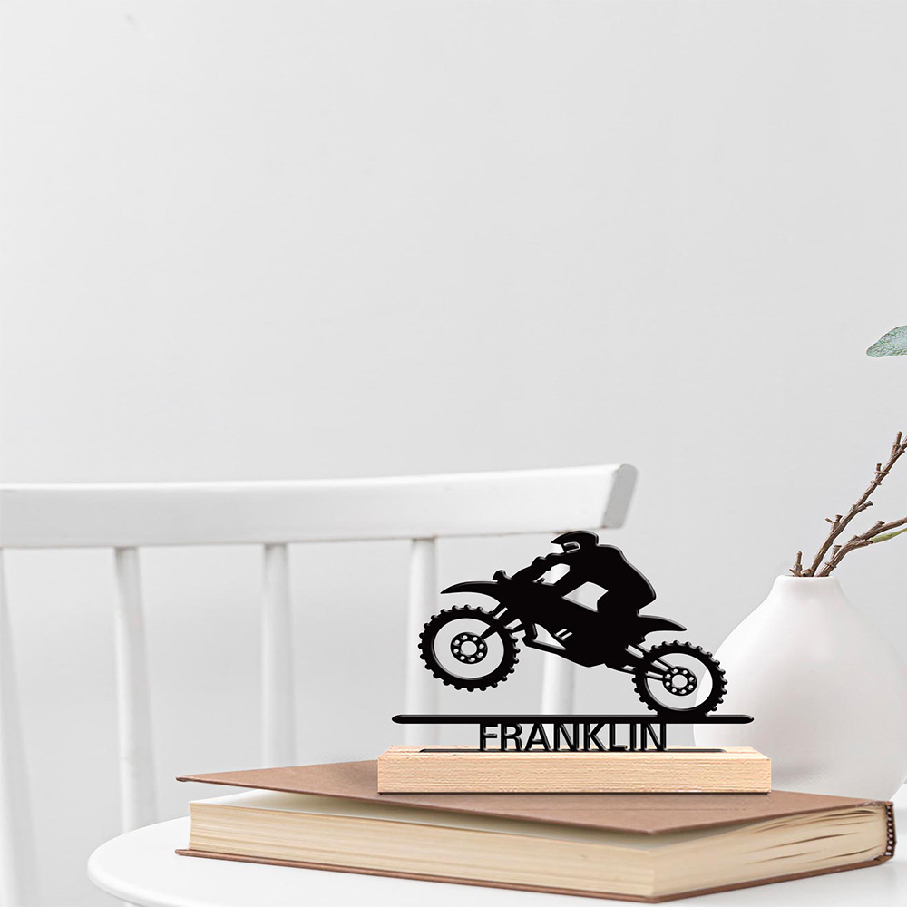Art Craft Wood - 1個入り 抽象的なバイクジャンプのカスタムネーム入り金属像 ブリキ製オーナメント 鉄製彫刻 木製台座付きアートクラフト