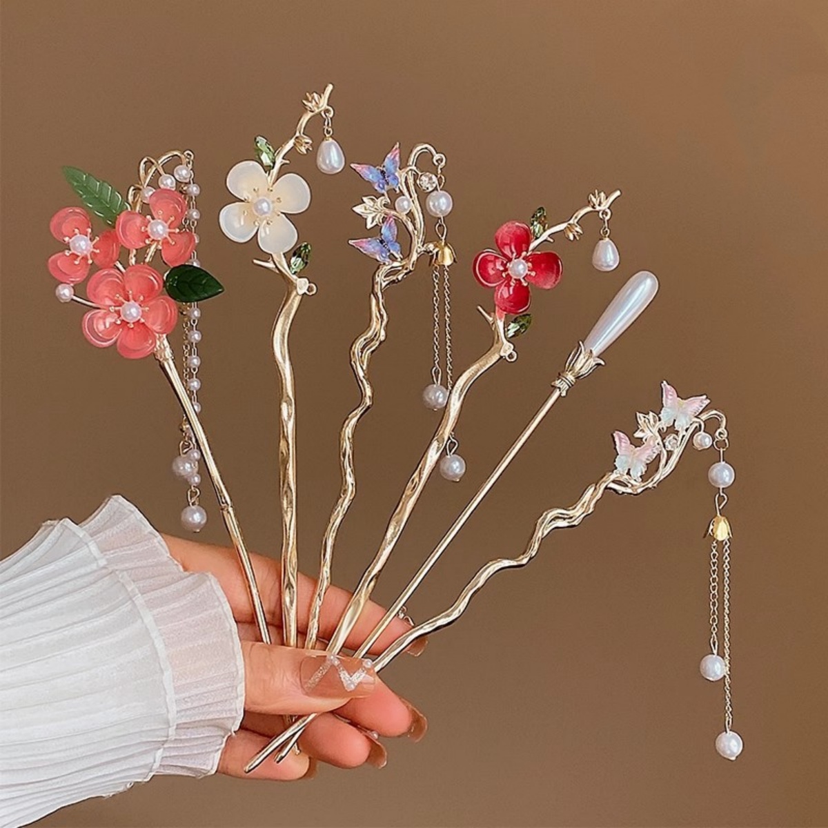 Art Craft Shop - 2025 新しい花のヘアピン女性のためのエレガントな花蝶パールタッセルヘアスティックトレンディなジュエリーヘアアクセサリーヘアクリップ