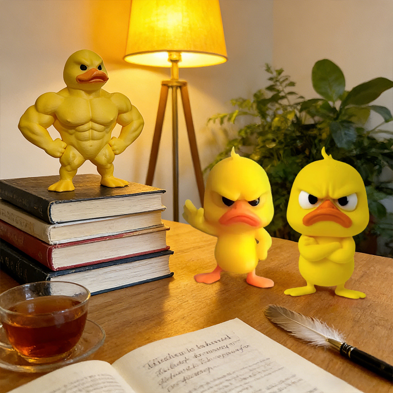 Art Craft Duck - 1/3個入り 怒った黄色いアヒルの置物 拒否のジェスチャーをした3Dプリントの筋肉質アヒルのフィギュア 面白いミニチュア デスクや車の装飾に