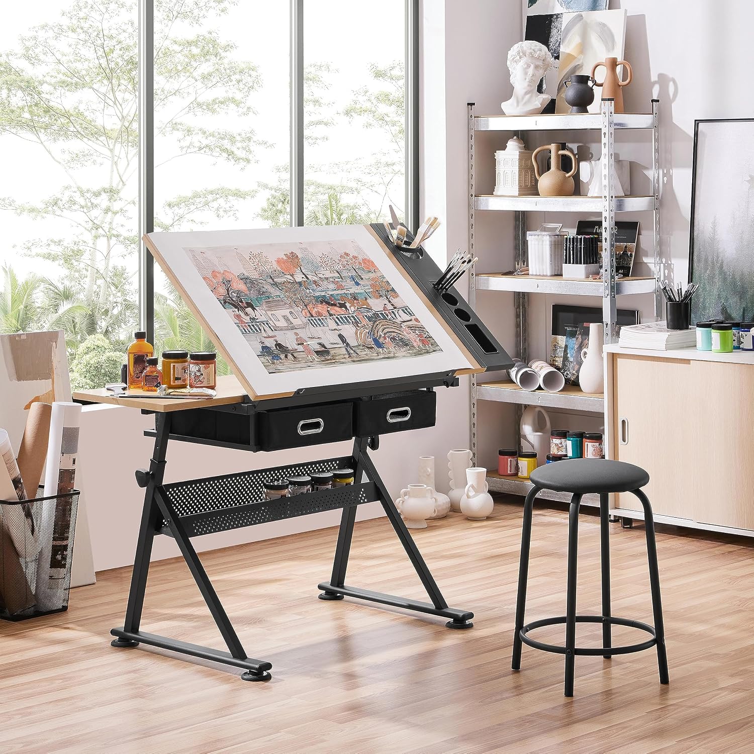 調整可能な製図台アートデスク（お揃いのスツール付き）、傾斜式 - Art Craft Wood のレビューと価格