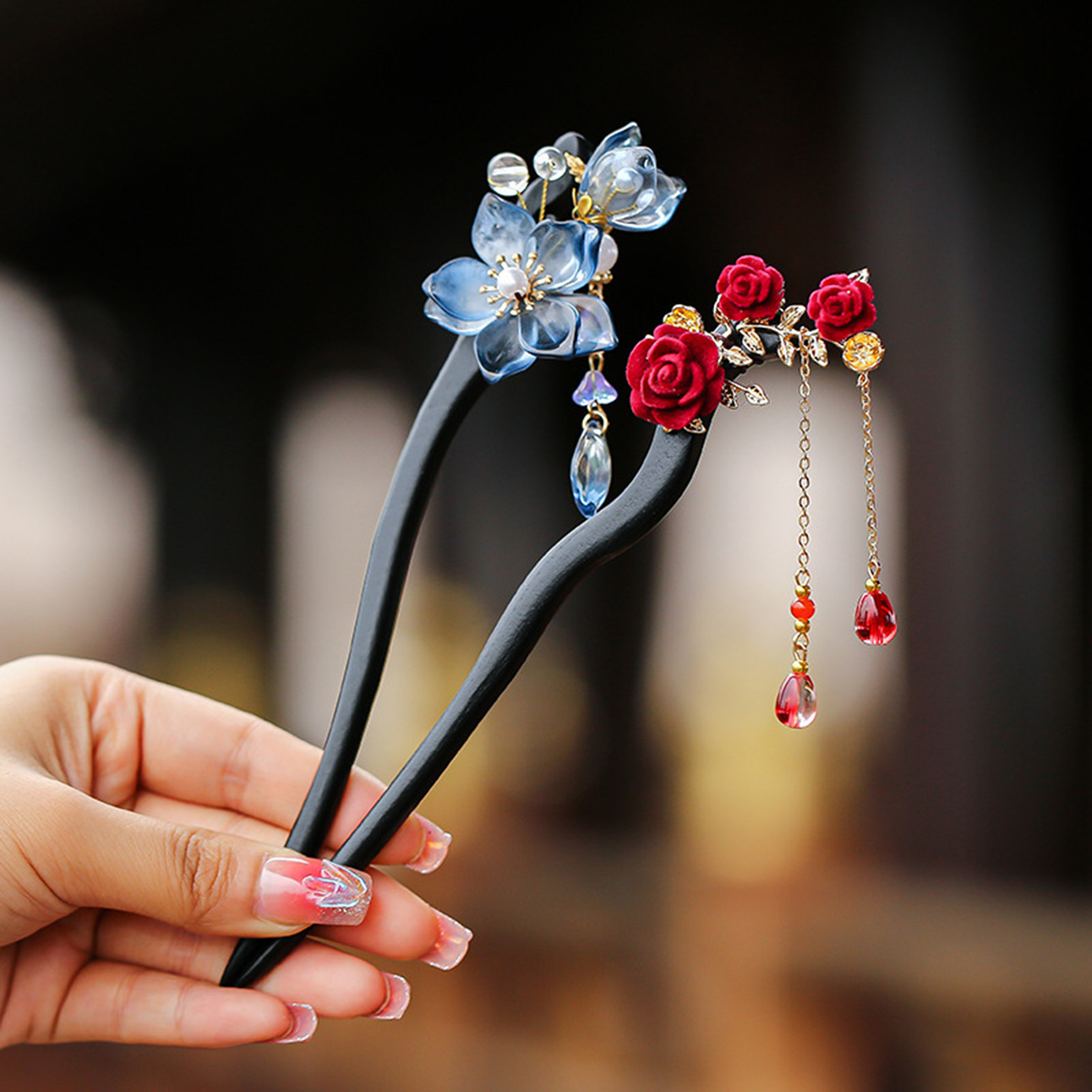 中国風の花のタッセルヘアピンヴィンテージ木製花柄パールヘアス - Art Craft Shop のレビューと価格